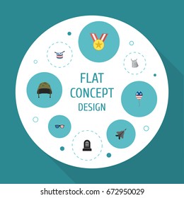 Flat Icons Spectacles, Soldier Helmet, Decoration And Other Vector Elements. Set Of Day Flat Icons Symbols Also Includes Army, Rip, Usa Objects.