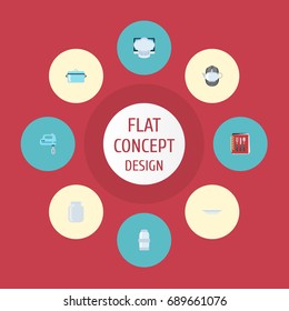 Flat Icons Spice, Glass Container, Dish And Other Vector Elements. Set Of Gastronomy Flat Icons Symbols Also Includes Beater, Dish, Saucepan Objects.