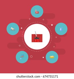 Flat Icons Sponge, Aqua, Towel And Other Vector Elements. Set Of Cleaning Flat Icons Symbols Also Includes Cleaning, Housekeeping, Drop Objects.
