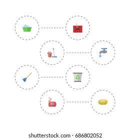 Flat Icons Sponge, Carpet Vacuuming, Mopping And Other Vector Elements. Set Of Cleaning Flat Icons Symbols Also Includes Mopping, Soap, Hygiene Objects.
