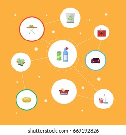 Flat Icons Sponge, Gauntlet, Mopping And Other Vector Elements. Set Of Hygiene Flat Icons Symbols Also Includes Housekeeping, Trash, Bast Objects.