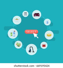 Flat Icons Sponge, Laundromat, Sofa And Other Vector Elements. Set Of Hygiene Flat Icons Symbols Also Includes Bast, Carpet, Sweeper Objects.