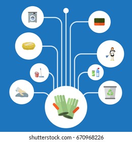 Flat Icons Sponge, Towel, Wisp And Other Vector Elements. Set Of Cleaning Flat Icons Symbols Also Includes Towel, Besom, Gauntlet Objects.