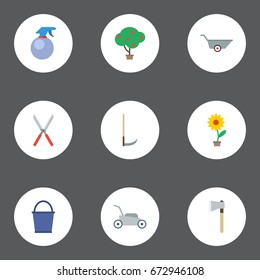 Flat Icons Spray Bottle, Cutter, Lawn Mower And Other Vector Elements. Set Of Gardening Flat Icons Symbols Also Includes Pail, Barrow, Spray Objects.