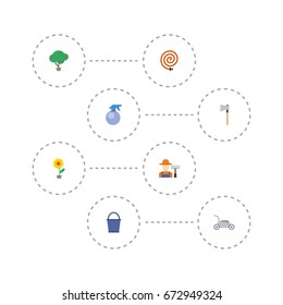 Flat Icons Spray Bottle, Flowerpot, Lawn Mower And Other Vector Elements. Set Of Agriculture Flat Icons Symbols Also Includes Fruit, Gardener, Hatchet Objects.