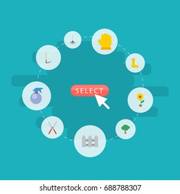 Flat Icons Spray Bottle, Green Wood, Flowerpot And Other Vector Elements. Set Of Agriculture Flat Icons Symbols Also Includes Garden, Atomizer, Berries Objects.