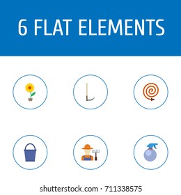 Flat Icons Spray Bottle, Grower, Cutter And Other Vector Elements. Set Of Horticulture Flat Icons Symbols Also Includes Bottle, Hosepipe, Bucketful Objects.