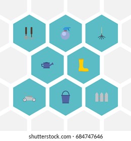 Flat Icons Spray Bottle, Lawn Mower, Rubber Boots And Other Vector Elements. Set Of Agriculture Flat Icons Symbols Also Includes Bailer, Rake, Bucket Objects.