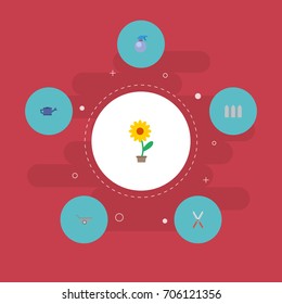 Flat Icons Spray Bottle, Scissors, Wheelbarrow And Other Vector Elements. Set Of Agriculture Flat Icons Symbols Also Includes Plant, Fencing, Pruner Objects.