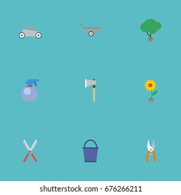 Flat Icons Spray Bottle, Wheelbarrow, Lawn Mower And Other Vector Elements. Set Of Agriculture Flat Icons Symbols Also Includes Plant, Secateurs, Berries Objects.