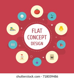 Flat Icons Sprout, Landscape, Rooster Vector Elements. Set Of Agricultural Flat Icons Symbols Also Includes Barrier, Cock, Rooster Objects.
