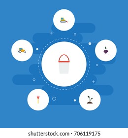 Flat Icons Sprout, Pail, Cultivator And Other Vector Elements. Set Of Agricultural Flat Icons Symbols Also Includes Harrow, Farm, Tractor Objects.