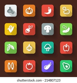 Flat icons in a square with long shadow about vegetables