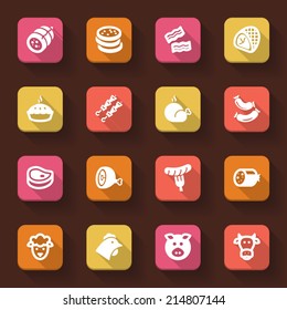 Flat icons in a square with long shadow about meat
