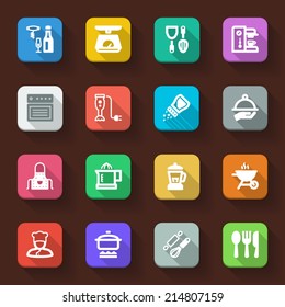 Flat icons in a square with long shadow about cooking
