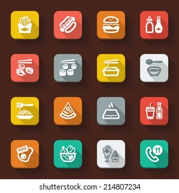 Flat icons in a square with long shadow about fast food and junk food