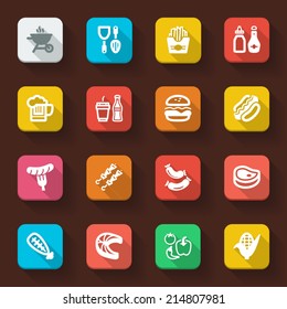 Flat icons in a square with long shadow about  barbecue.