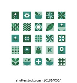 Flat icons square micro green set for decoration design. Isolated vector illustration. Organic natural shape. Abstract icon graphic.