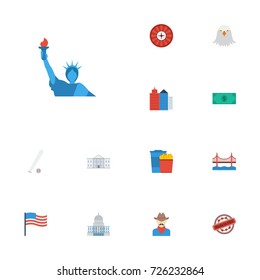 Flat Icons Stamp, Sport, America And Other Vector Elements. Set Of America Flat Icons Symbols Also Includes Monument, French, Statue Objects.