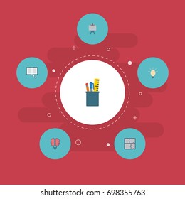 Flat Icons Stand, Bulb, Case Vector Elements. Set Of Original Flat Icons Symbols Also Includes Stand, Brain, Drawing Objects.