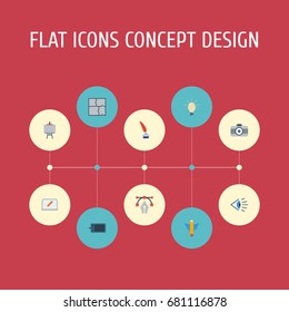 Flat Icons Stand, Concept, Gadget Vector Elements. Set Of Original Flat Icons Symbols Also Includes Plan, Monitor, Easel Objects.