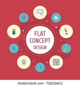 Flat Icons Stand, Pen, Scheme Vector Elements. Set Of Original Flat Icons Symbols Also Includes Plan, Artist, Brain Objects.