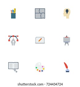 Flat Icons Stand, Writing, Idea Vector Elements. Set Of Original Flat Icons Symbols Also Includes Idea, Bezier, Pencil Objects.