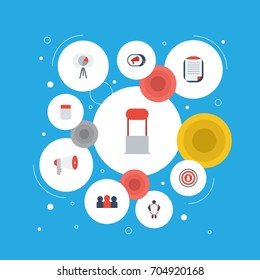 Flat Icons Statistic, Advertising, Journal And Other Vector Elements. Set Of Marketing Flat Icons Symbols Also Includes Newspaper, Target, Tripod Objects.