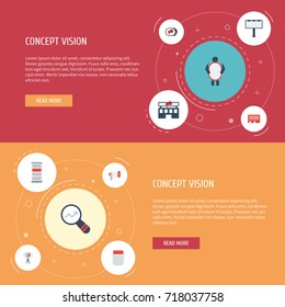 Flat Icons Statistic, Application, Man With Banner And Other Vector Elements. Set Of Marketing Flat Icons Symbols Also Includes Statistics, Newspaper, Market Objects.