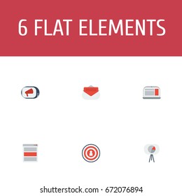 Flat Icons Statistic, Audience, Social Media Ads And Other Vector Elements. Set Of Advertising Flat Icons Symbols Also Includes Tripod, Message, Advertising Objects.