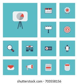 Flat Icons Statistic, Journal, Id And Other Vector Elements. Set Of Advertising Flat Icons Symbols Also Includes Man, Target, Social Objects.