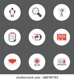 Flat Icons Statistic, Man With Banner, Customer Summary And Other Vector Elements. Set Of Advertising Flat Icons Symbols Also Includes Award, Ad, Summary Objects.