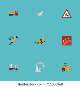 Flat Icons Steamroller, Cement Blender, Pipeline Valve And Other Vector Elements. Set Of Industry Flat Icons Symbols Also Includes Plumbing, Roller, Tap Objects.