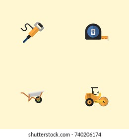 Flat Icons Steamroller, Roll Meter, Pneumatic And Other Vector Elements. Set Of Construction Flat Icons Symbols Also Includes Wheelbarrow, Equipment, Handcart Objects.