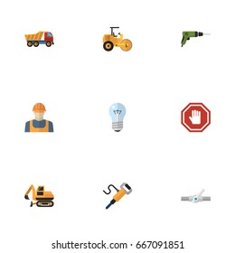 Flat Icons Steamroller, Stop Sign, Pipeline Valve And Other Vector Elements. Set Of Industry Flat Icons Symbols Also Includes Equipment, Stop, Van Objects.