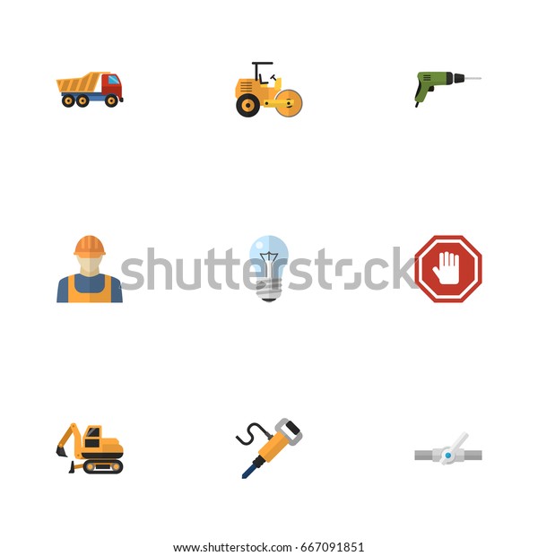 Flat Icons Steamroller,\
Stop Sign, Pipeline Valve And Other Vector Elements. Set Of\
Industry Flat Icons Symbols Also Includes Equipment, Stop, Van\
Objects.