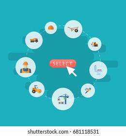 Flat Icons Steamroller, Tractor, Hoisting Machine And Other Vector Elements. Set Of Construction Flat Icons Symbols Also Includes Pushcart, Wc, Tower Objects.