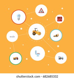 Flat Icons Steamroller, Van, Restroom And Other Vector Elements. Set Of Industry Flat Icons Symbols Also Includes Toolbox, Workman, Dumper Objects.
