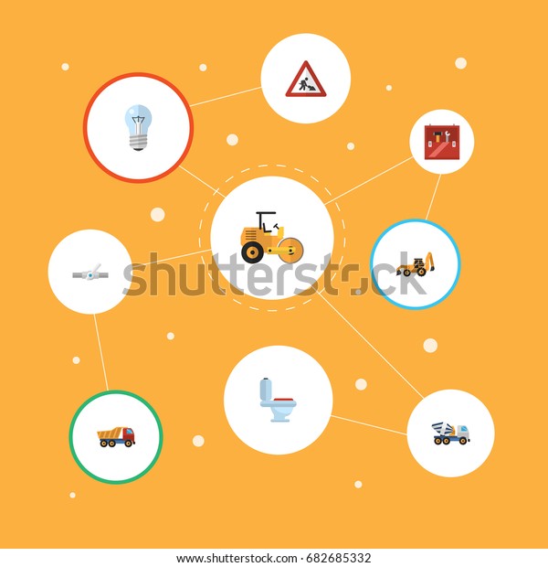 Flat Icons Steamroller, Van, Restroom And Other\
Vector Elements. Set Of Industry Flat Icons Symbols Also Includes\
Toolbox, Workman, Dumper\
Objects.