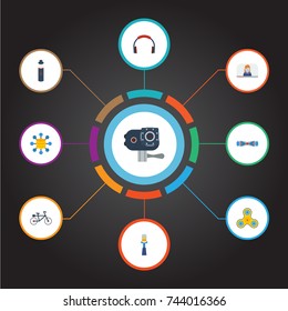 Flat Icons Stick, Vlog, Storage And Other Vector Elements. Set Of Modern Flat Icons Symbols Also Includes Blogger, Bike, Bicycle Objects.