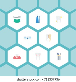 Flat Icons Stomatology, Dentition, Cleaned And Other Vector Elements. Set Of Enamel Flat Icons Symbols Also Includes Healthcare, Mirror, Tooth Objects.