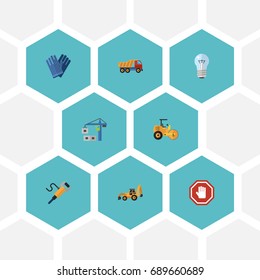 Flat Icons Stop Sign, Hoisting Machine, Bulb And Other Vector Elements. Set Of Construction Flat Icons Symbols Also Includes Pneumatic, Light, Lifting Objects.