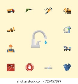 Flat Icons Stop Sign, Mitten, Electric Screwdriver And Other Vector Elements. Set Of Industry Flat Icons Symbols Also Includes Toolbox, Repair, Valve Objects.
