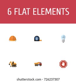 Flat Icons Stop Sign, Van, Roll Meter And Other Vector Elements. Set Of Construction Flat Icons Symbols Also Includes Excavator, Hand, Hardhat Objects.