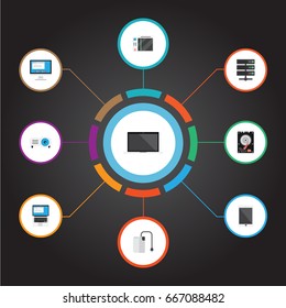 Flat Icons Storage Device, Laptop, Palmtop And Other Vector Elements. Set Of Computer Flat Icons Symbols Also Includes Hard, Storage, Cable Objects.