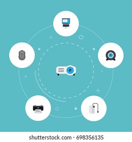 Flat Icons Storage Device, Laptop, Web Cam And Other Vector Elements. Set Of Laptop Flat Icons Symbols Also Includes Camera, Printing, Drive Objects.
