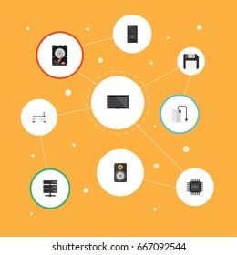 Flat Icons Storage Device, Monitor, Datacenter And Other Vector Elements. Set Of Computer Flat Icons Symbols Also Includes Wifi, Diskette, Modem Objects.