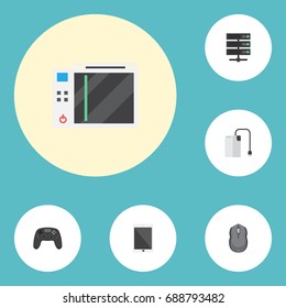Flat Icons Storage Device, Slot Machine, Computer Mouse And Other Vector Elements. Set Of PC Flat Icons Symbols Also Includes Controller, Game, Mouse Objects.