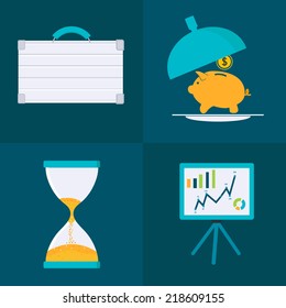 Flat icons storage and protection of finances, time management, screen with charts and graph growth