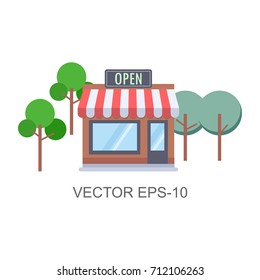 flat icons for store, open sign, trees, vector illustrations
